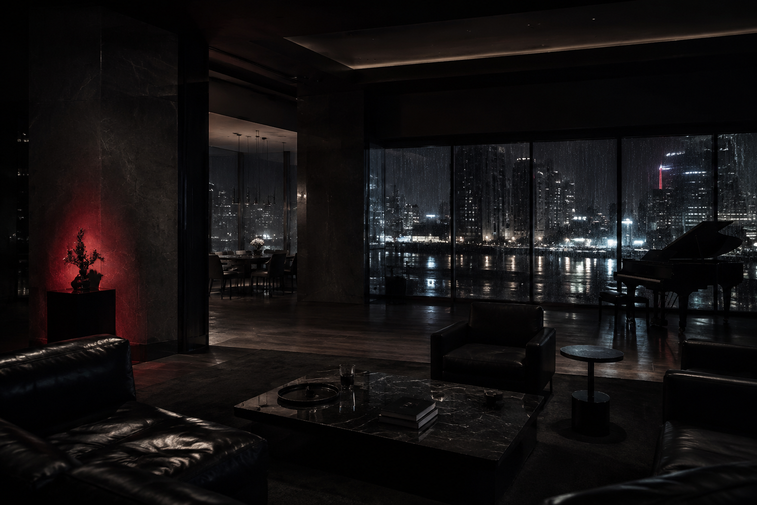 Nighttime penthouse overlooking a rain-soaked city